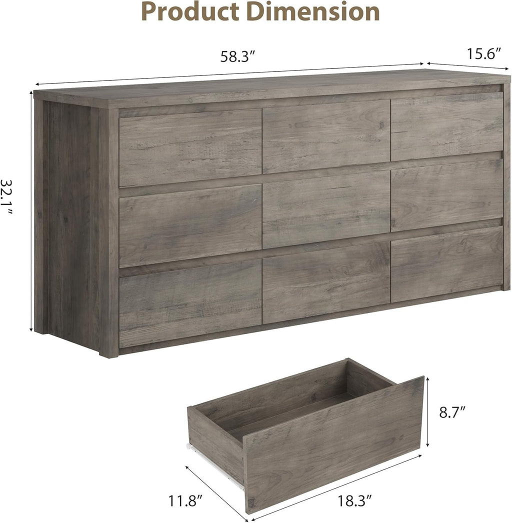 Nine Drawer Wooden Dresser With Soft Close Mechanism Bedroom