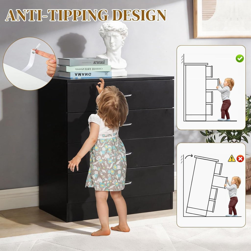 Black Four Drawer Dresser for Bedroom Organization
