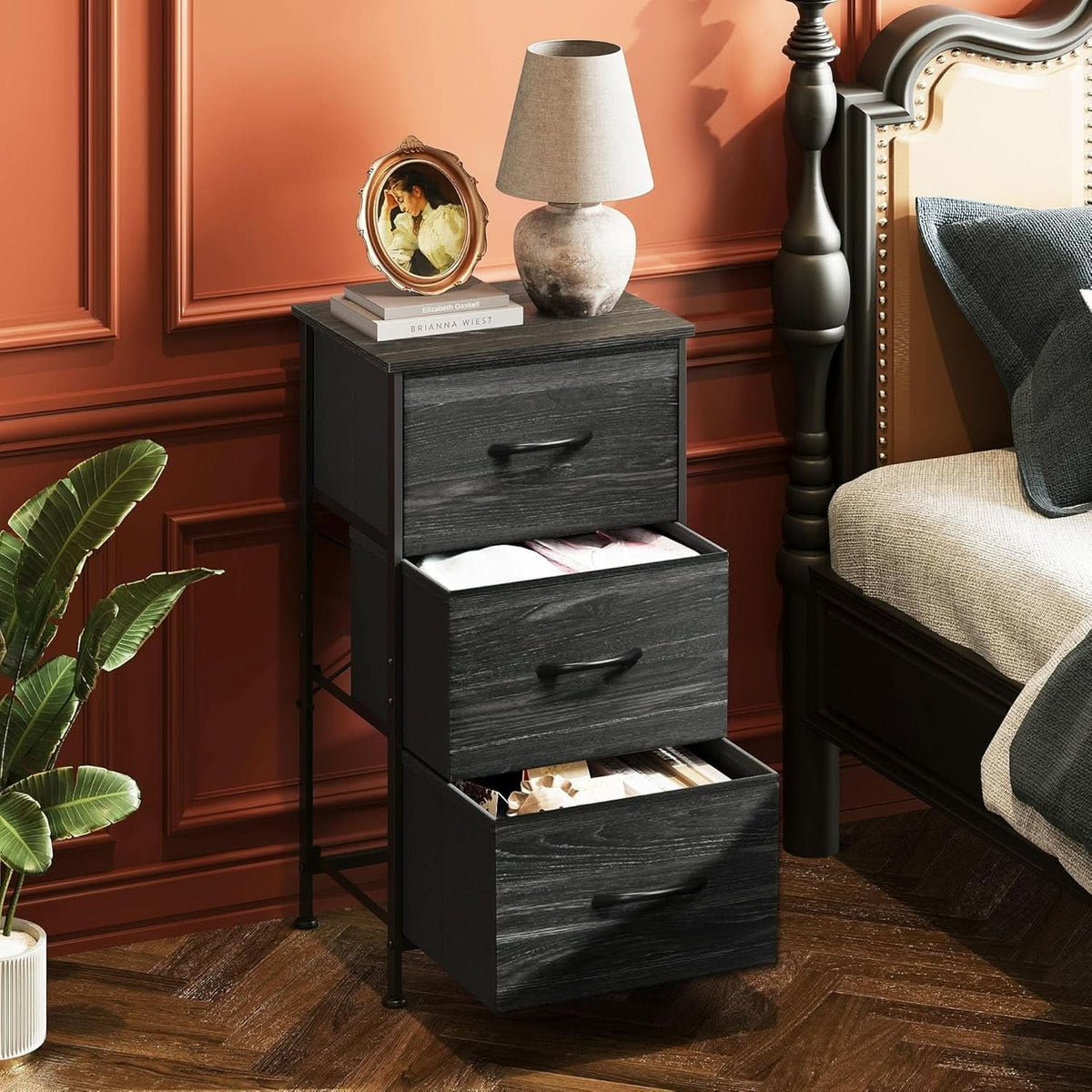 Bedroom Nightstand With Three Drawers Charcoal Black