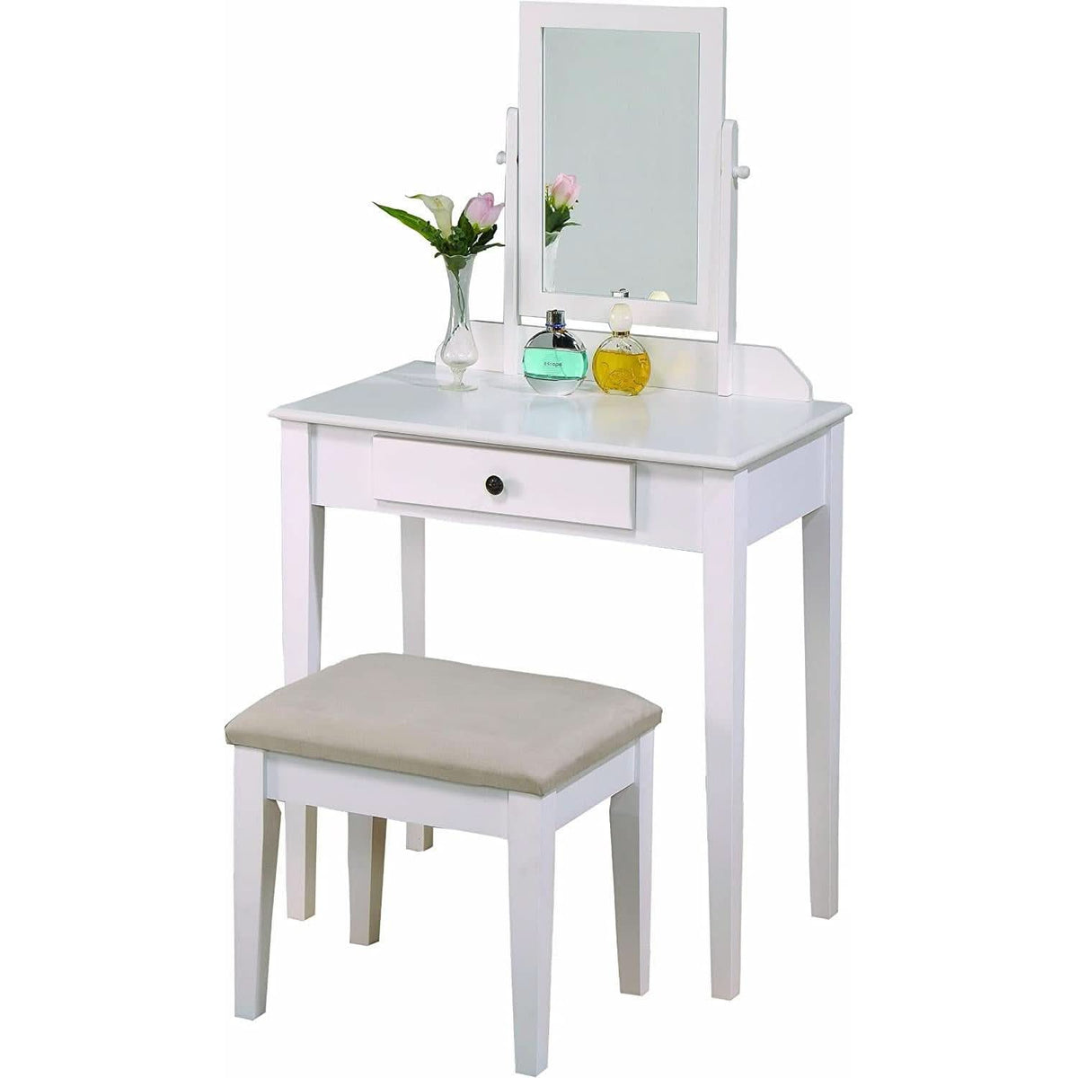 White Transitional Vanity Table and Stool Set for Bedroom