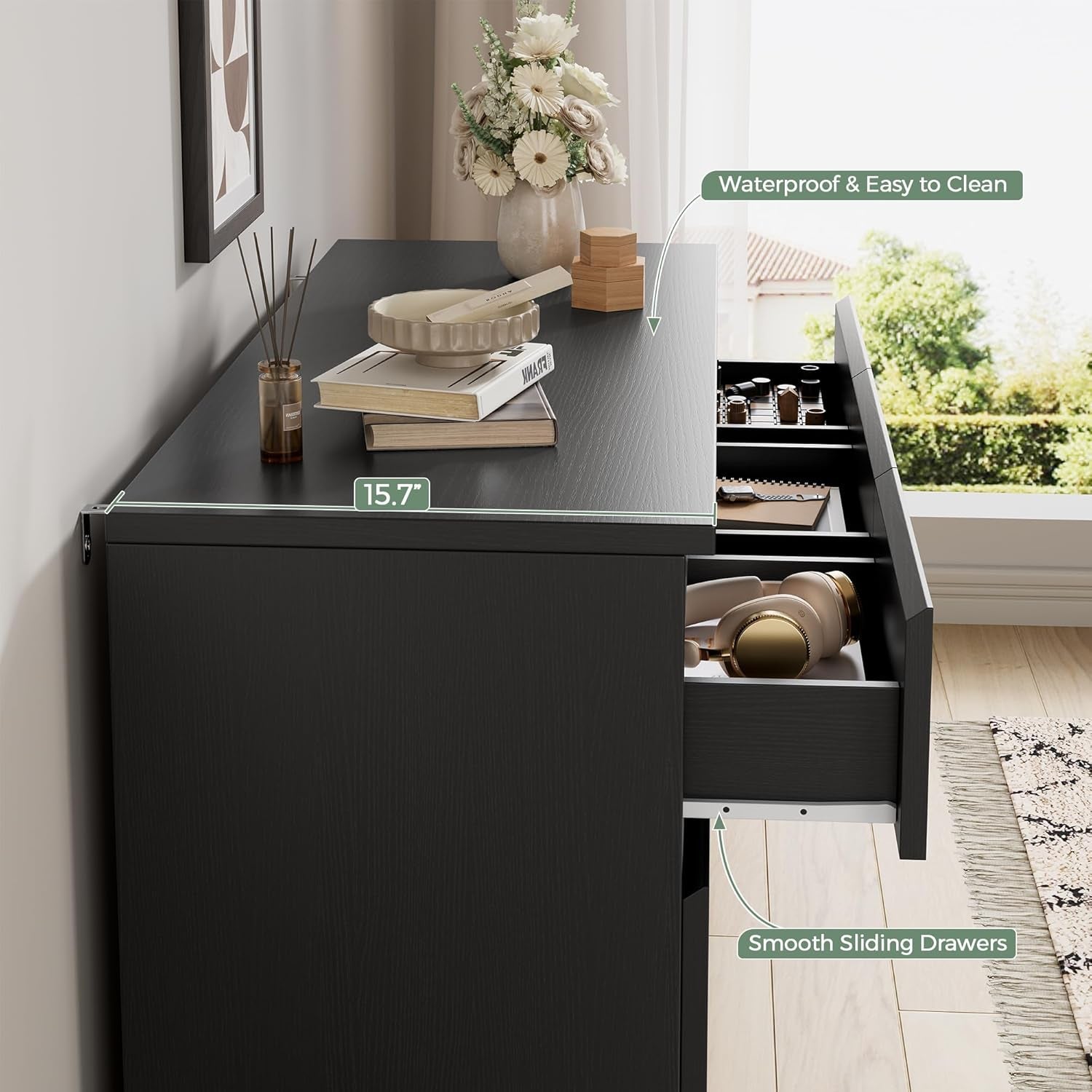 Black Seven Drawer Contemporary Wooden Dresser Bedroom