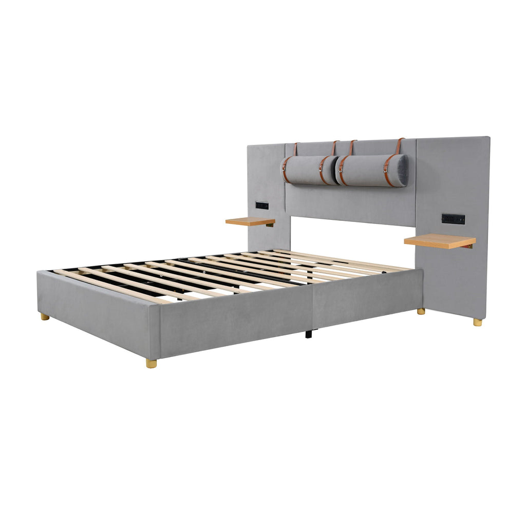 Upholstered Platform Bed, 2 Outlets And USB Charging Ports On Both Sides, 2 Bedside Pillows, Storage Shelves