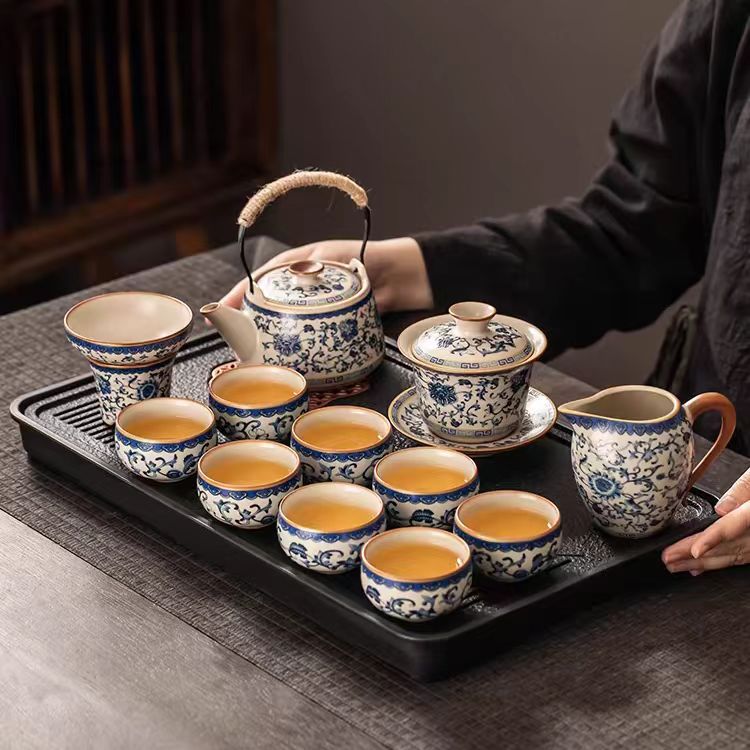 Blue and white rice yellow Ru kiln Kung Fu tea set household ceramic teapot