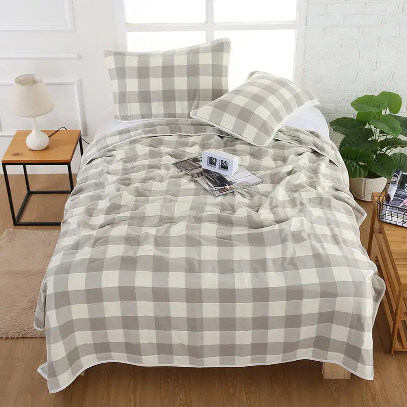 Cotton Plaid Bed Blanket - 5 Layers, Soft & Lightweight
