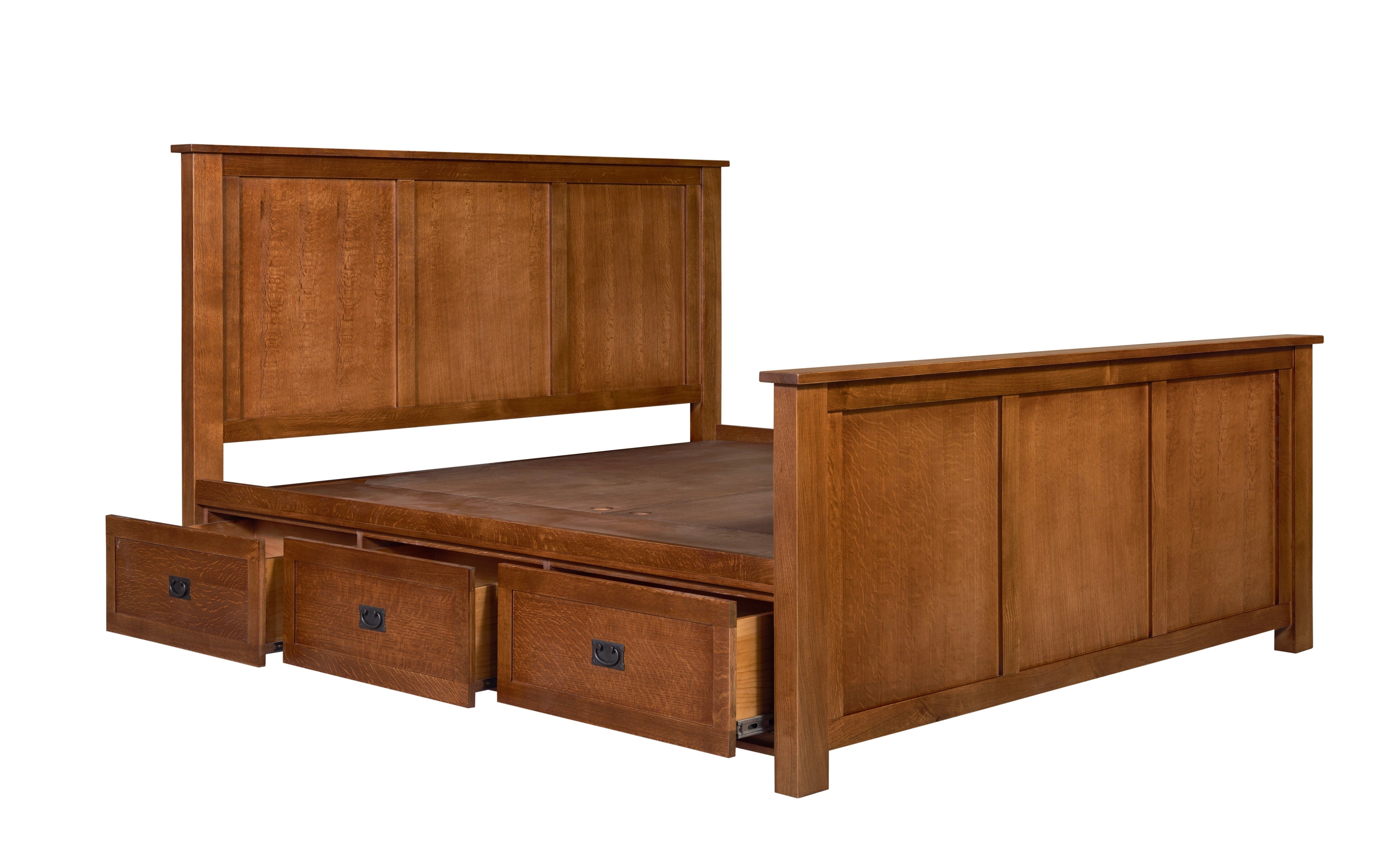 Mission Oak Storage Panel Bed with Three Drawers: MC stain