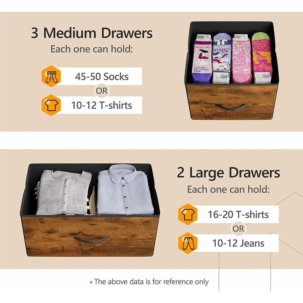 Rustic Wood 5 Drawer Dresser For Bedroom Storage Cabinet