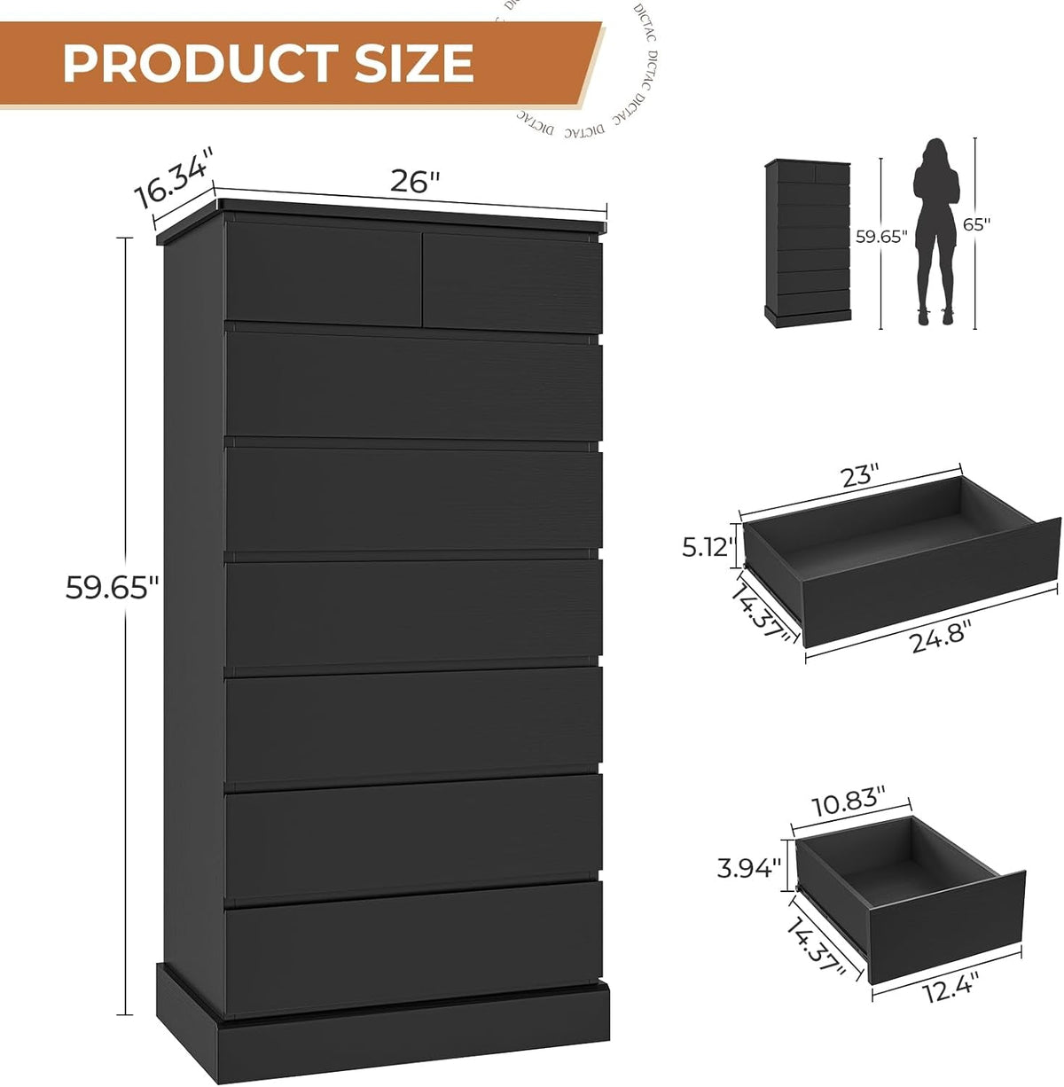Black Tall Dresser With 8 Drawers Bedroom Storage Solution