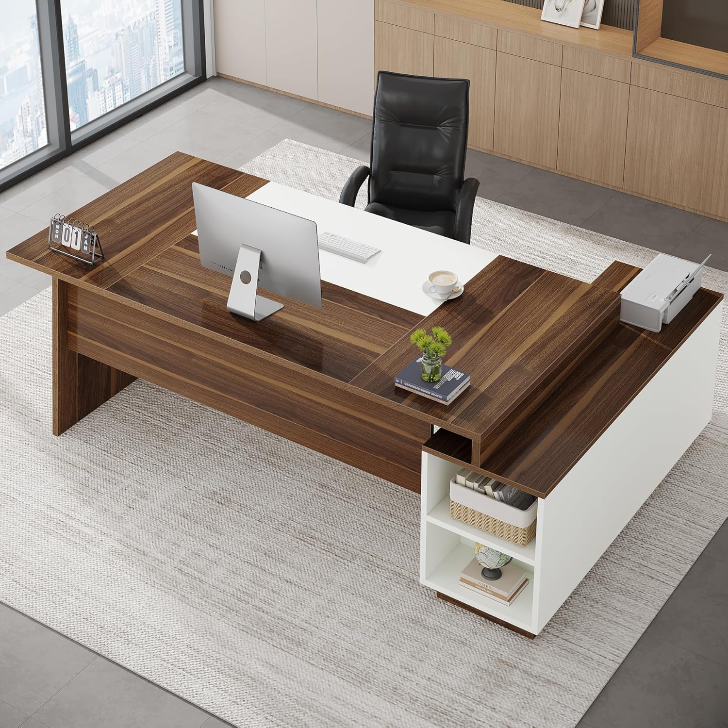 70.5" L-Shaped Executive Office Desk with Storage Cabinet & Shelves