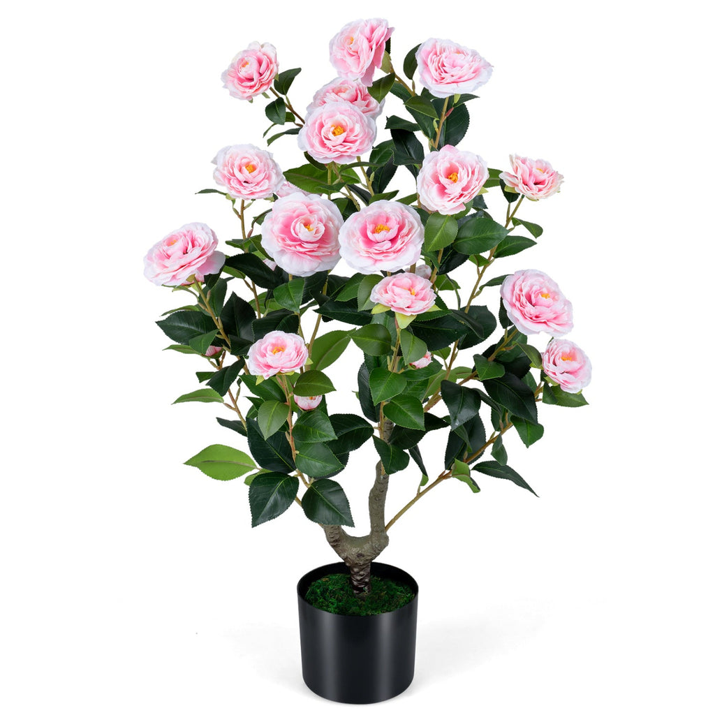 Artificial Camellia Tree Faux Flower Plant in Cement-Filled Pot