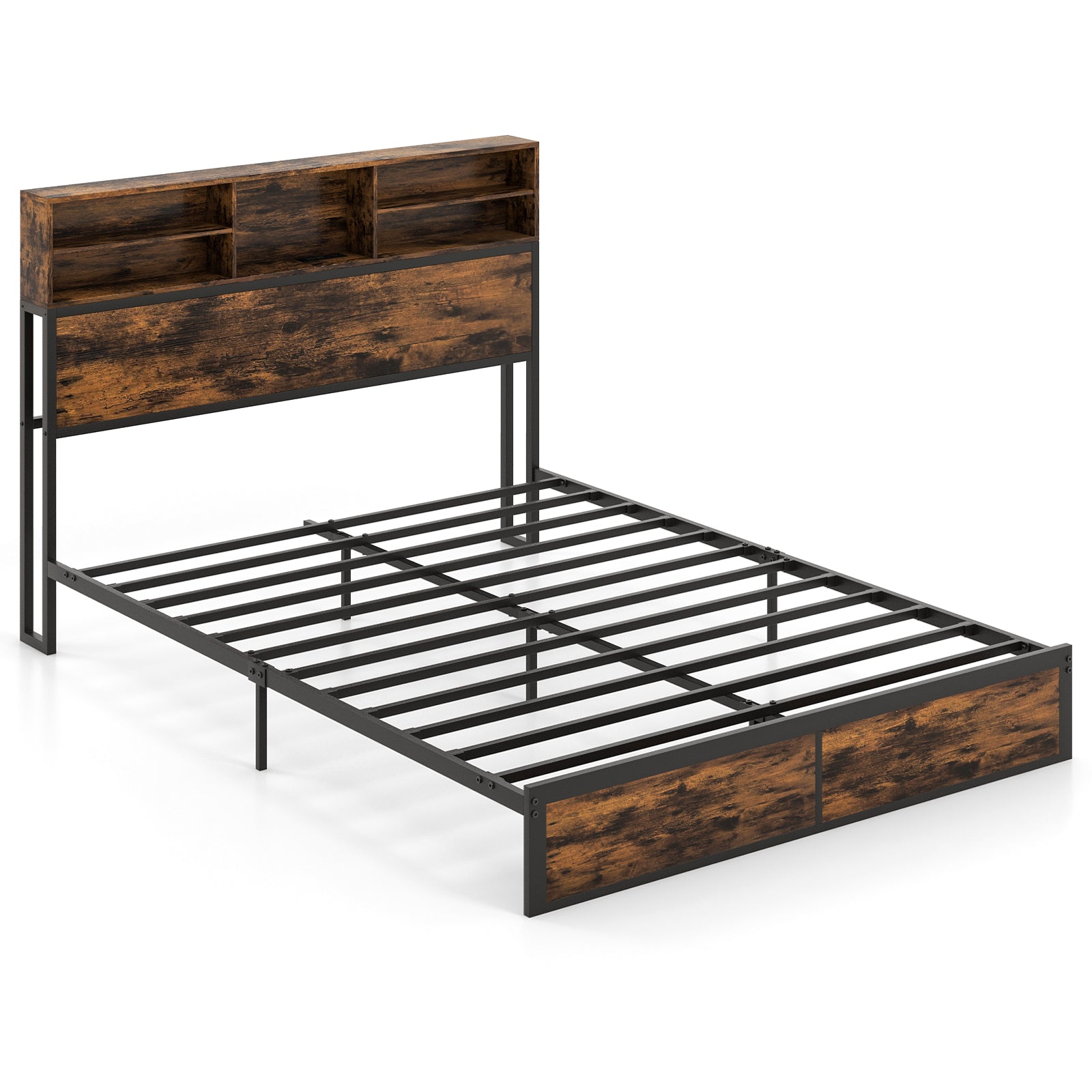 Twin/Full/Queen/King Size Bed Frame with Storage Headboard Industrial Metal Platform Bed