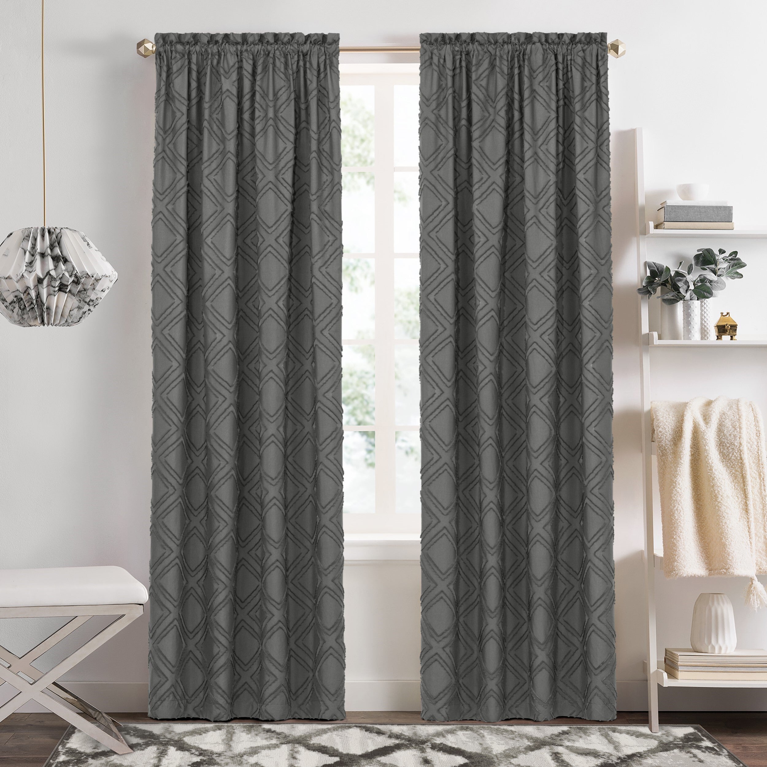 Blake Rod Pocket Window Curtain Panel - 42 Inches Width - Light Filtering - Machine Washable - Geometric Diamond Clipped Design - Textiles & Soft Furnishings - 42x84 - Charcoal