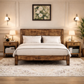 Full Wood Platform Bed with Headboard and 2 Rustic Nightstands Dark Brown Bedroom Set