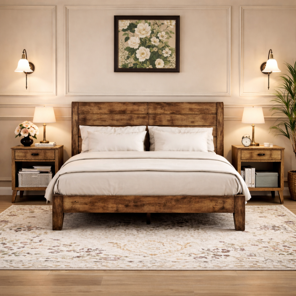 Full Wood Platform Bed with Headboard and 2 Rustic Nightstands Dark Brown Bedroom Set