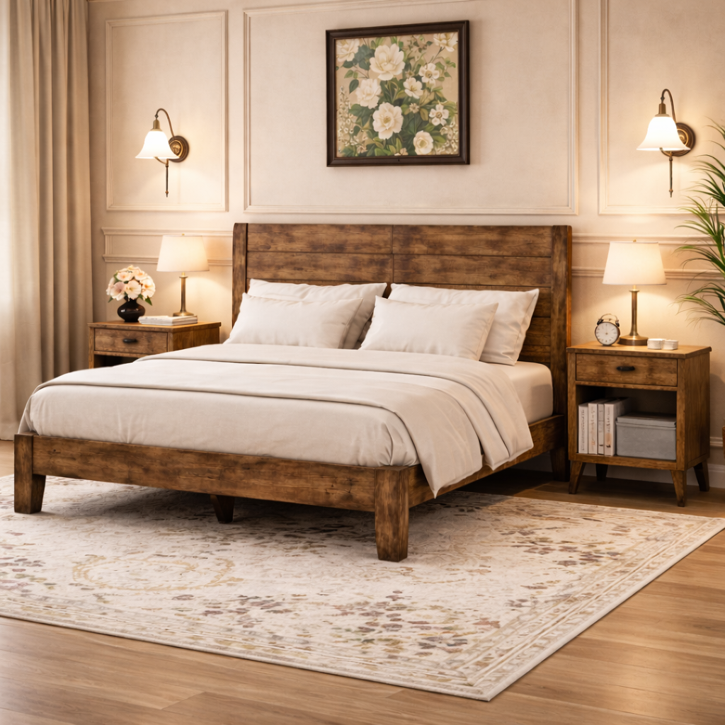 Full Wood Platform Bed with Headboard and 2 Rustic Nightstands Dark Brown Bedroom Set