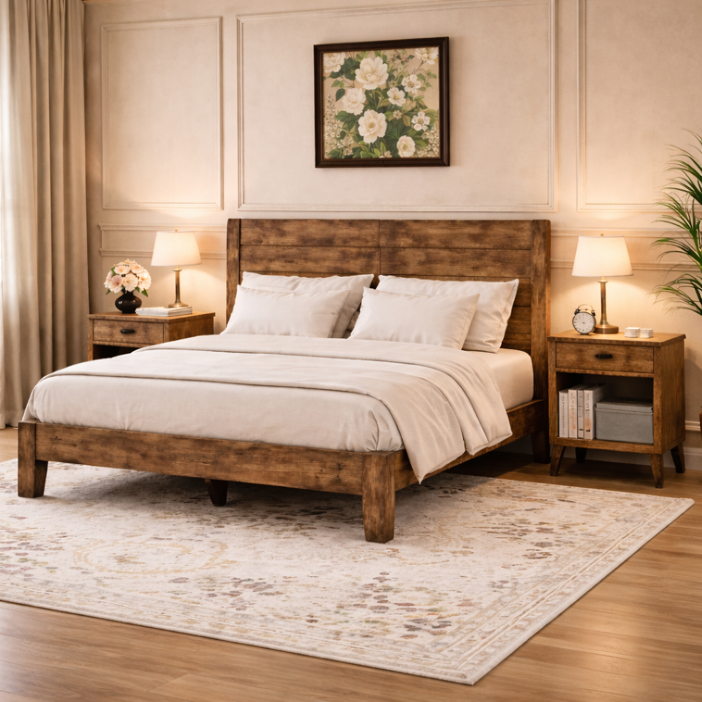Full Wood Platform Bed with Headboard and 2 Rustic Nightstands Dark Brown Bedroom Set