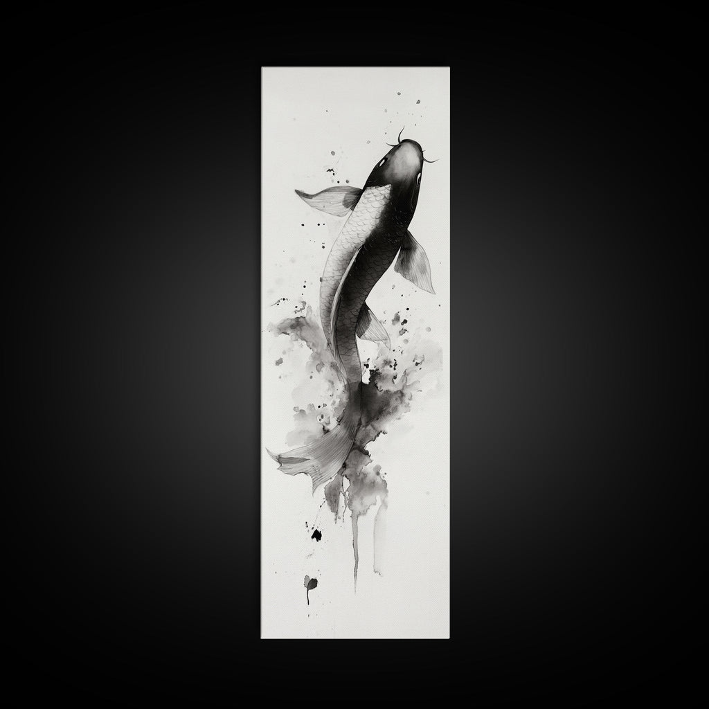 Tall Skinny Koi Fish Painting Print, Black and White Wabi Sabi Wall Art, Koi Fish Wall Decor, Japanese Style Elegant Artwork, Narrow Wall Art