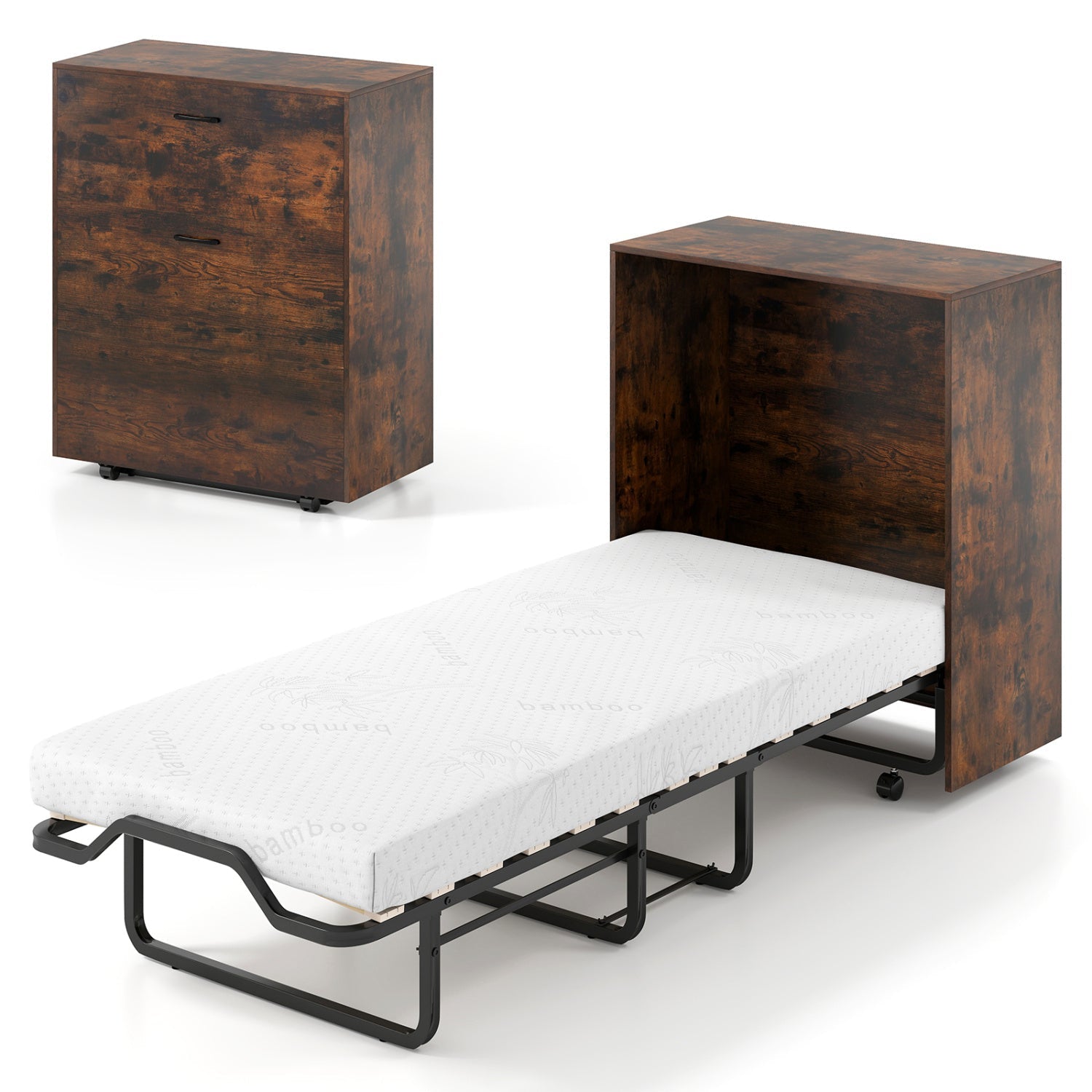 Movable Murphy Bed with Wheels Foldable Cot with Mattress