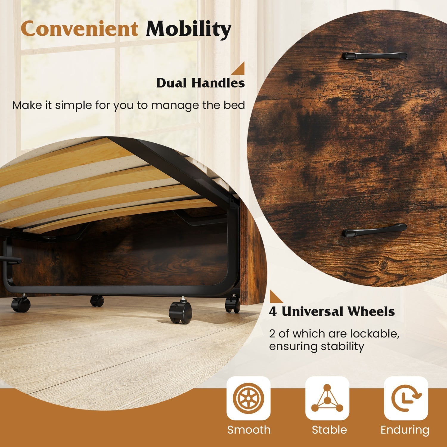 Movable Murphy Bed with Wheels Foldable Cot with Mattress
