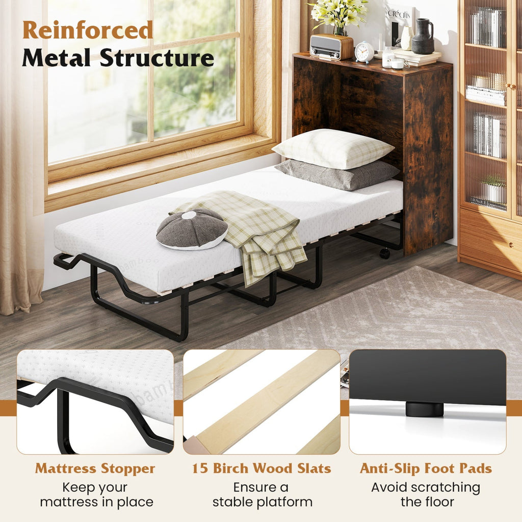 Movable Murphy Bed with Wheels Foldable Cot with Mattress