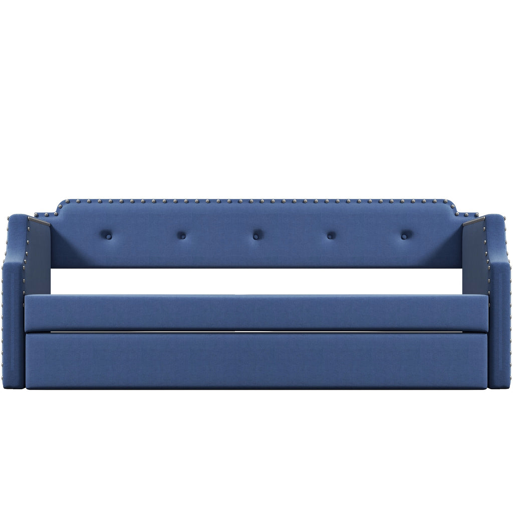 Upholstered Daybed with Trundle, Wood Slat Support,Upholstered Frame Sofa Bed Twin Blue