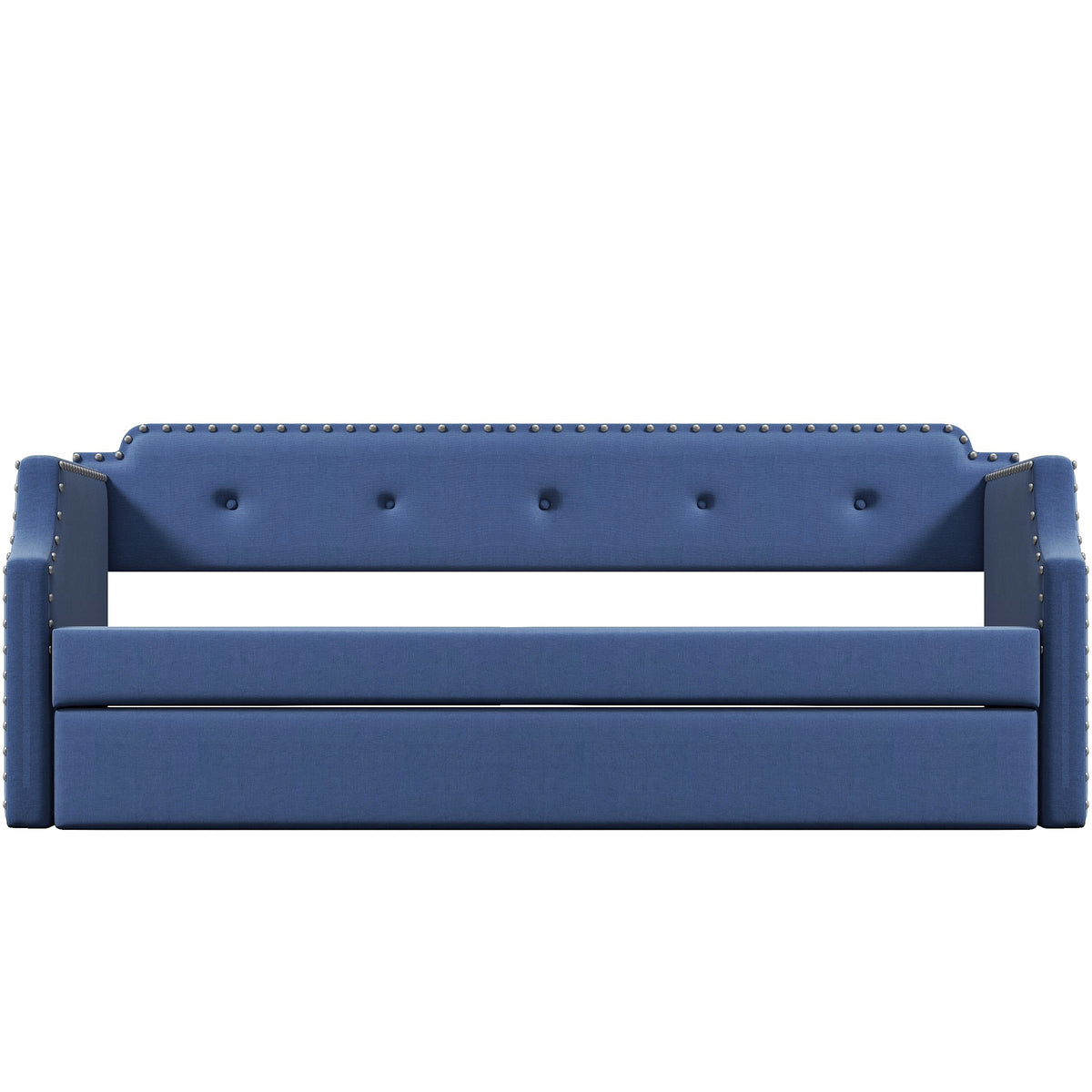 Upholstered Daybed with Trundle, Wood Slat Support,Upholstered Frame Sofa Bed Twin Blue