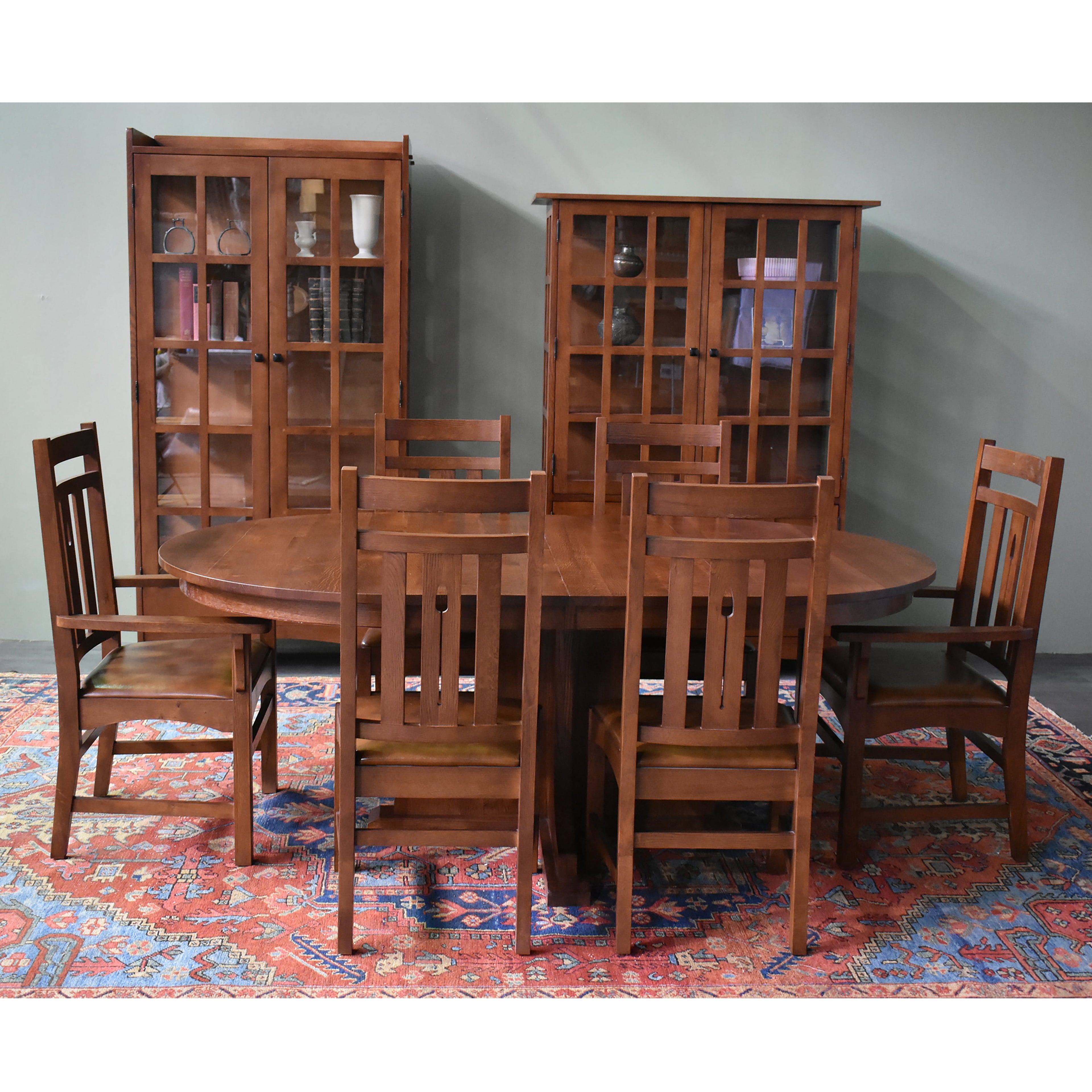 Mission Quarter Sawn Oak 2 Leaf Round Dining Table Set w/ 6 Chairs