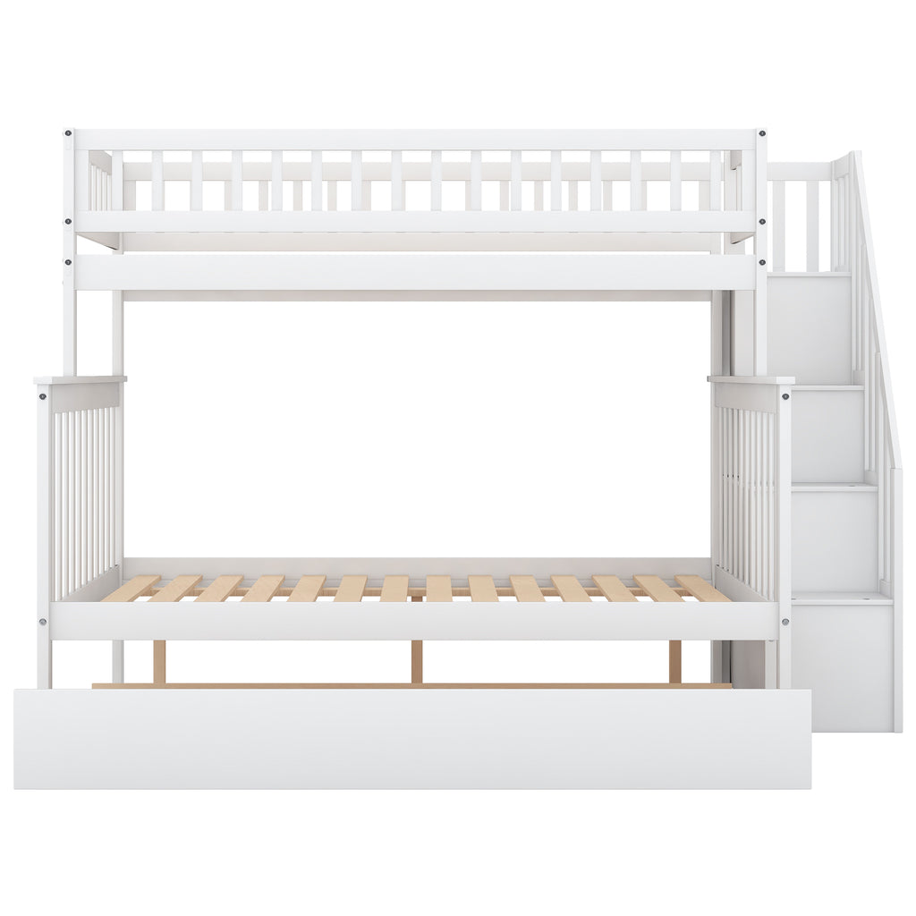 Twin over Full Bunk Bed with Trundle and Staircase White