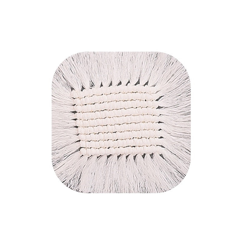Nordic style hand woven cotton rope coaster insulation pad, white tassel desktop minimalist decorative pad