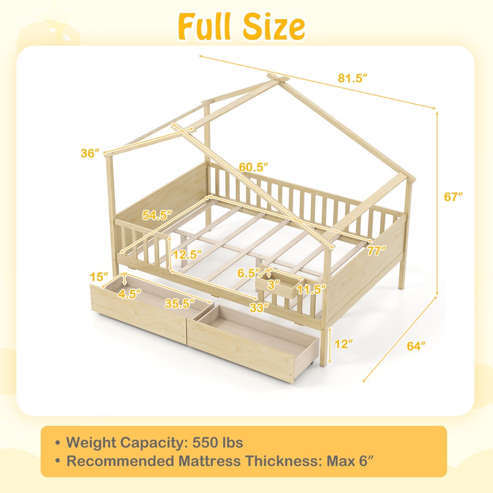 Full Size House Bed with Roof and Fence Rails for Kid
