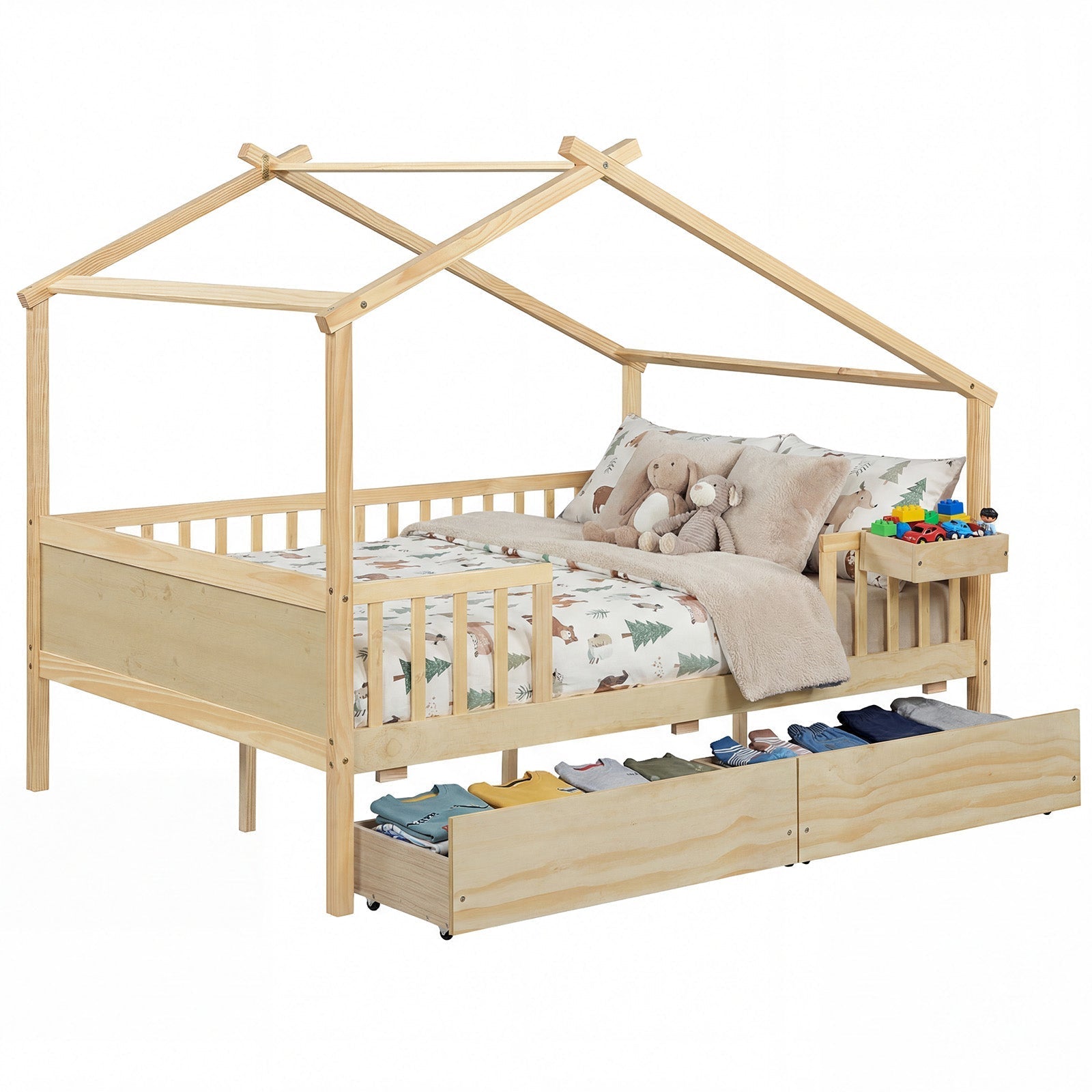 Full Size House Bed with Roof and Fence Rails for Kid