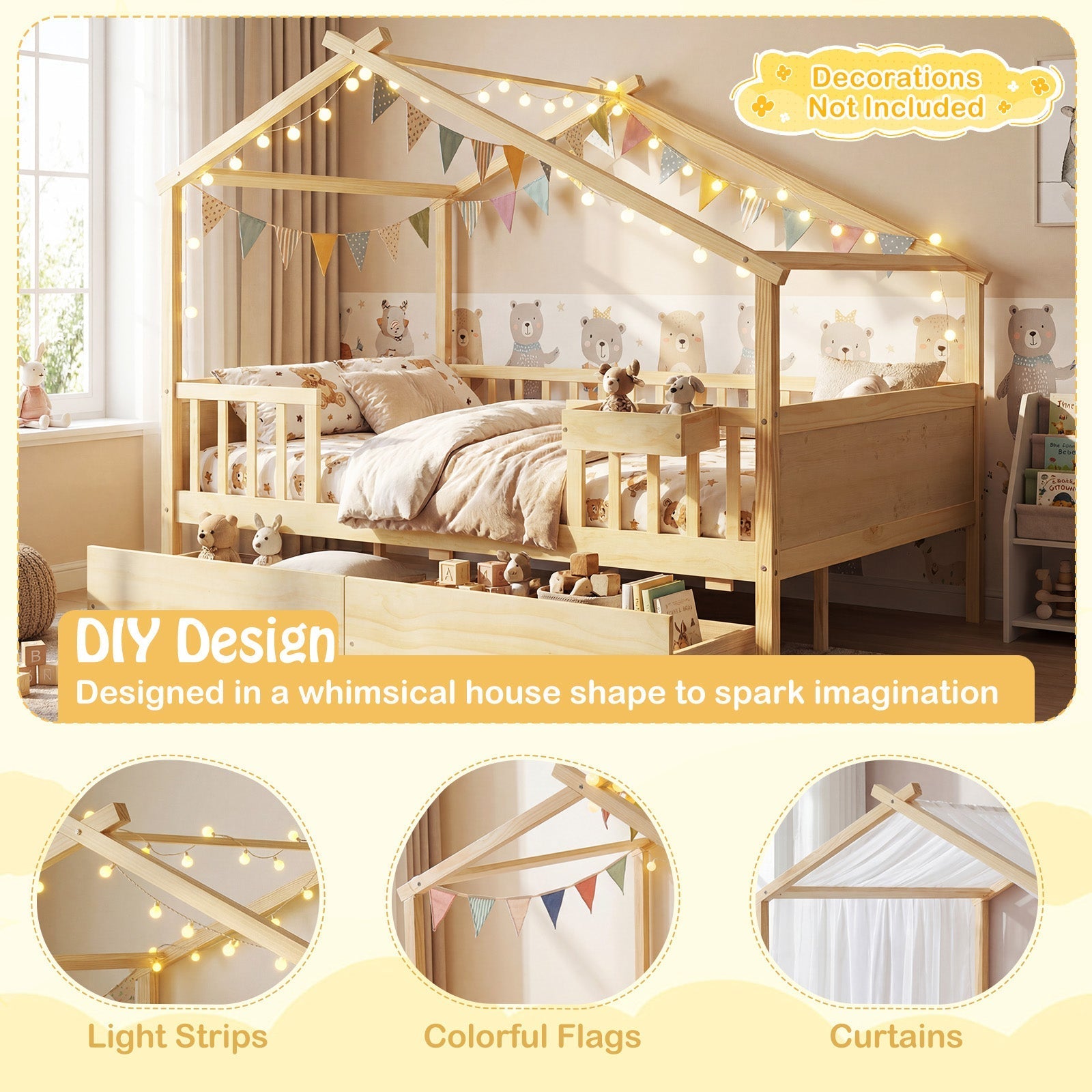 Full Size House Bed with Roof and Fence Rails for Kid