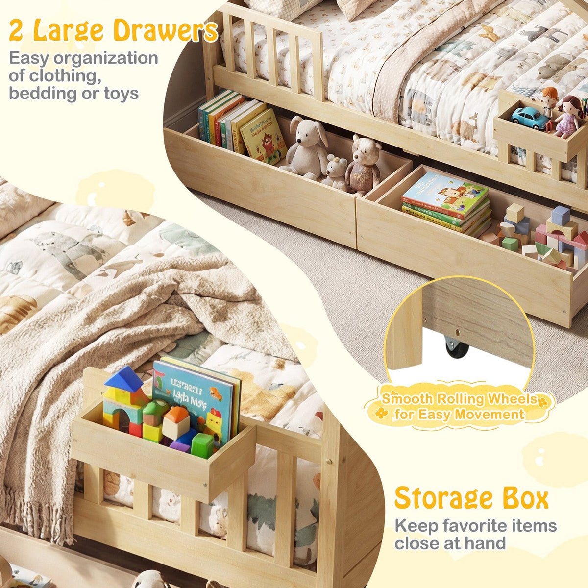Full Size House Bed with Roof and Fence Rails for Kid