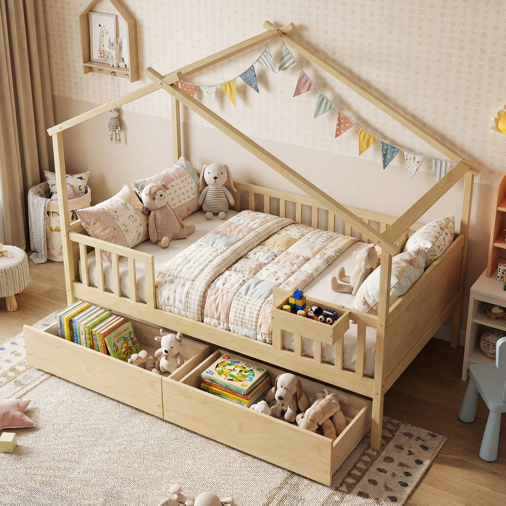 Full Size House Bed with Roof and Fence Rails for Kid