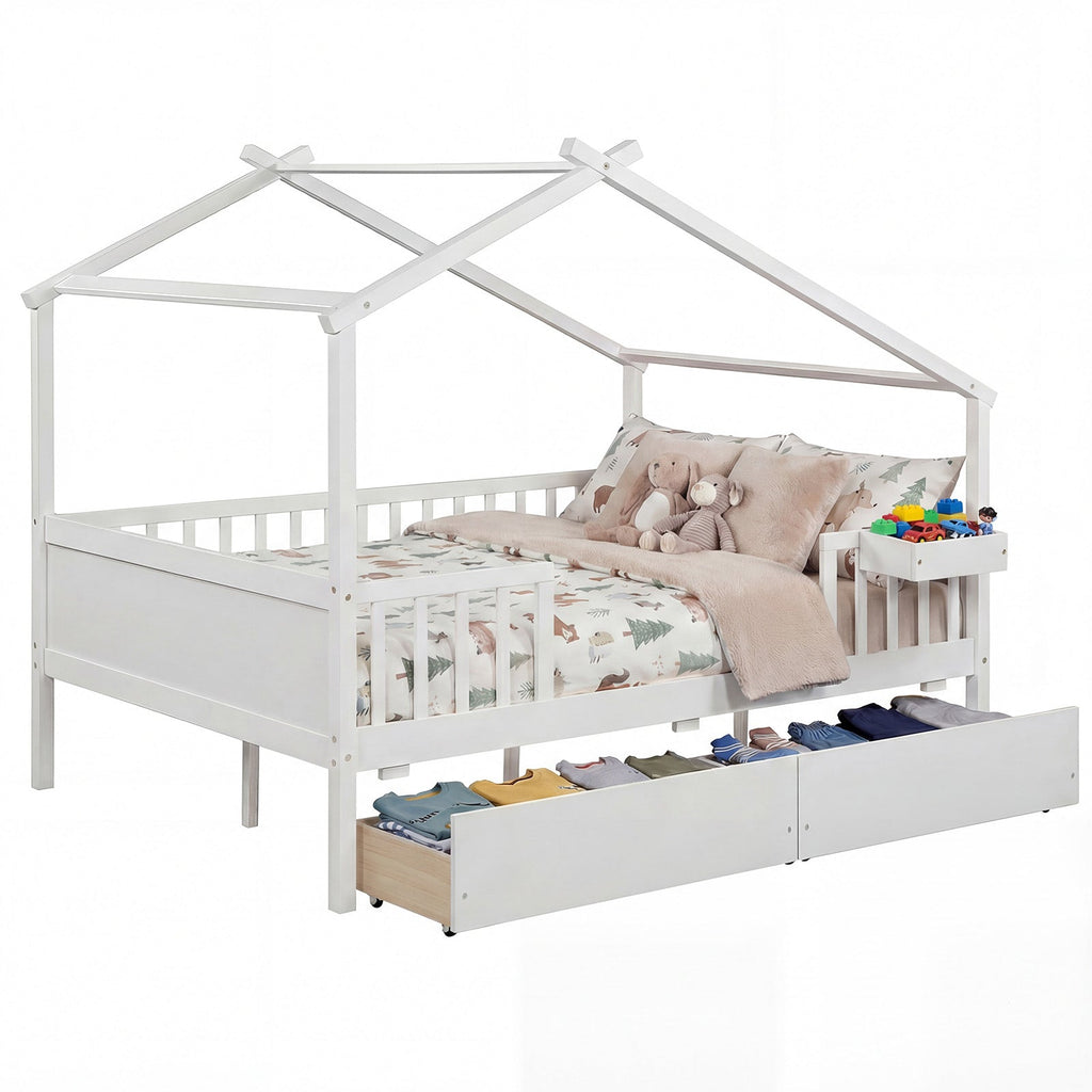 Full Size House Bed with Roof and Fence Rails for Kid