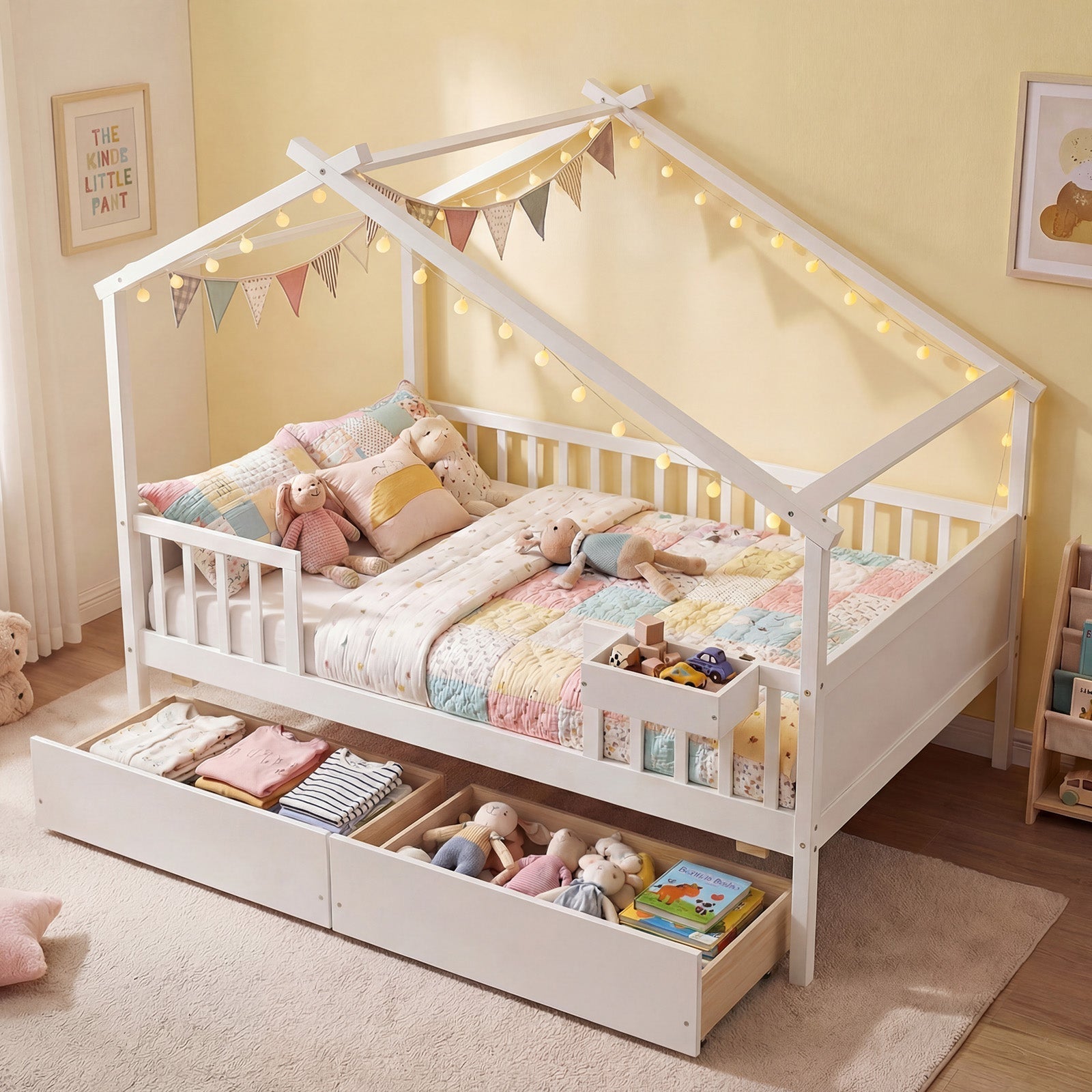 Full Size House Bed with Roof and Fence Rails for Kid