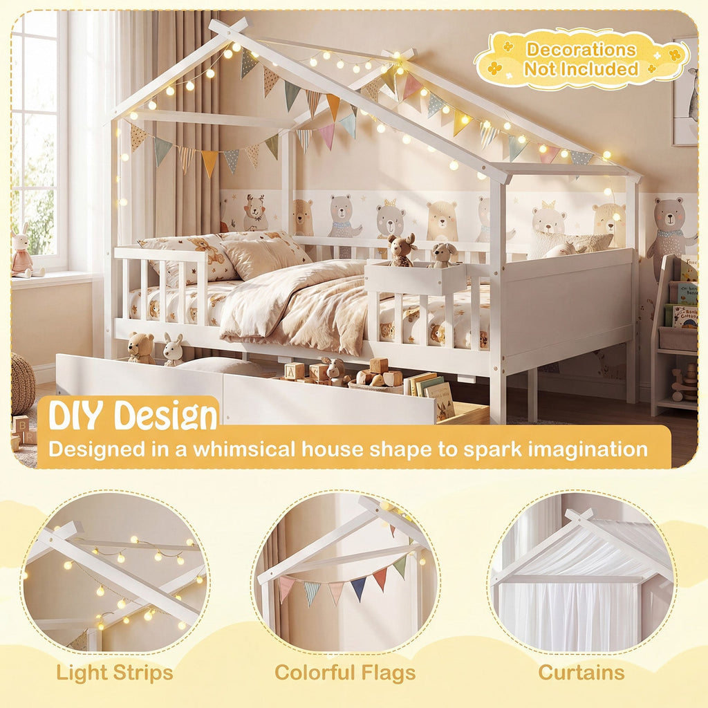 Full Size House Bed with Roof and Fence Rails for Kid