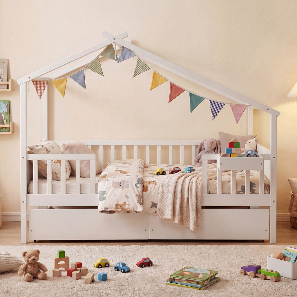 Full Size House Bed with Roof and Fence Rails for Kid
