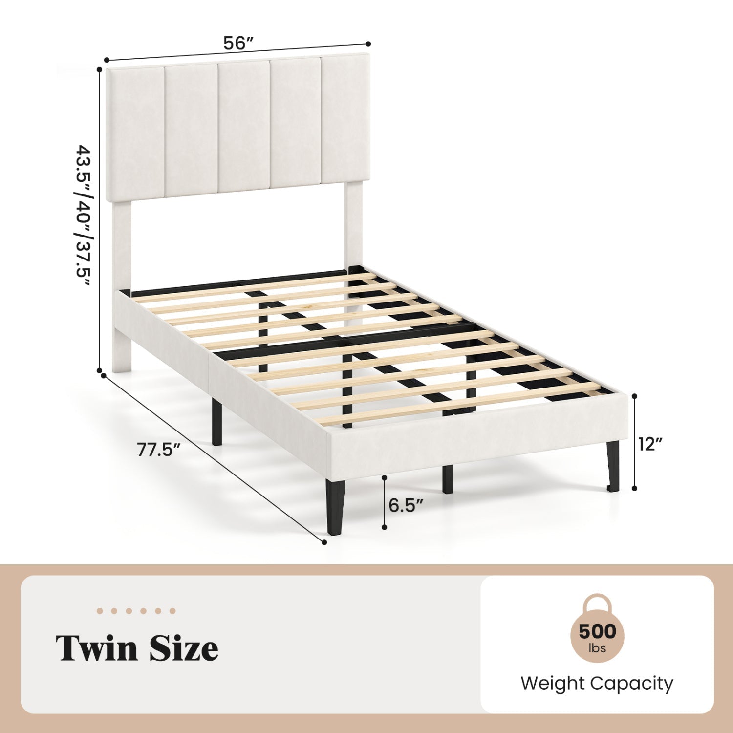 Upholstered Platform Bed with Adjustable Headboard - Twin