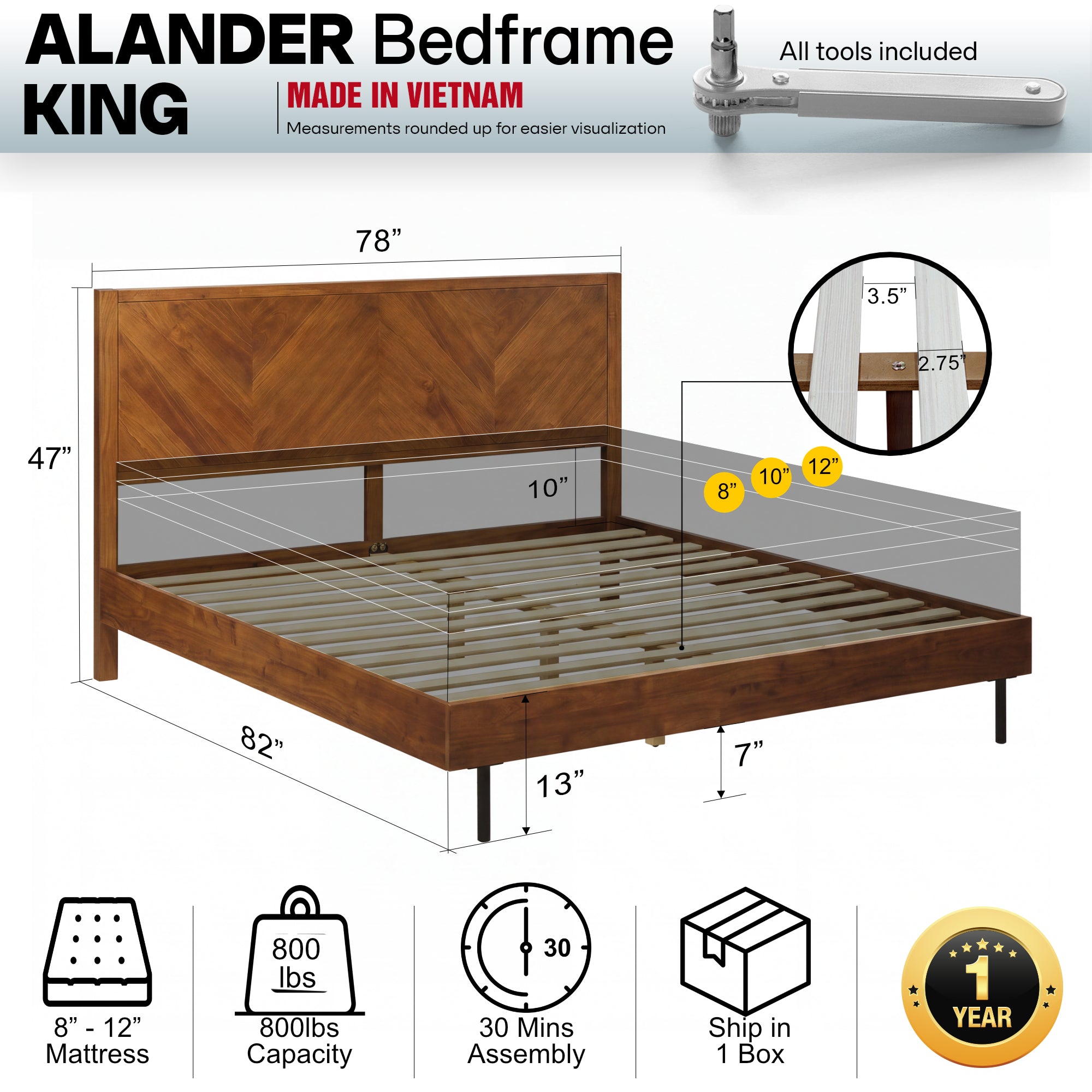 Alander Solid Wood Bed Frame