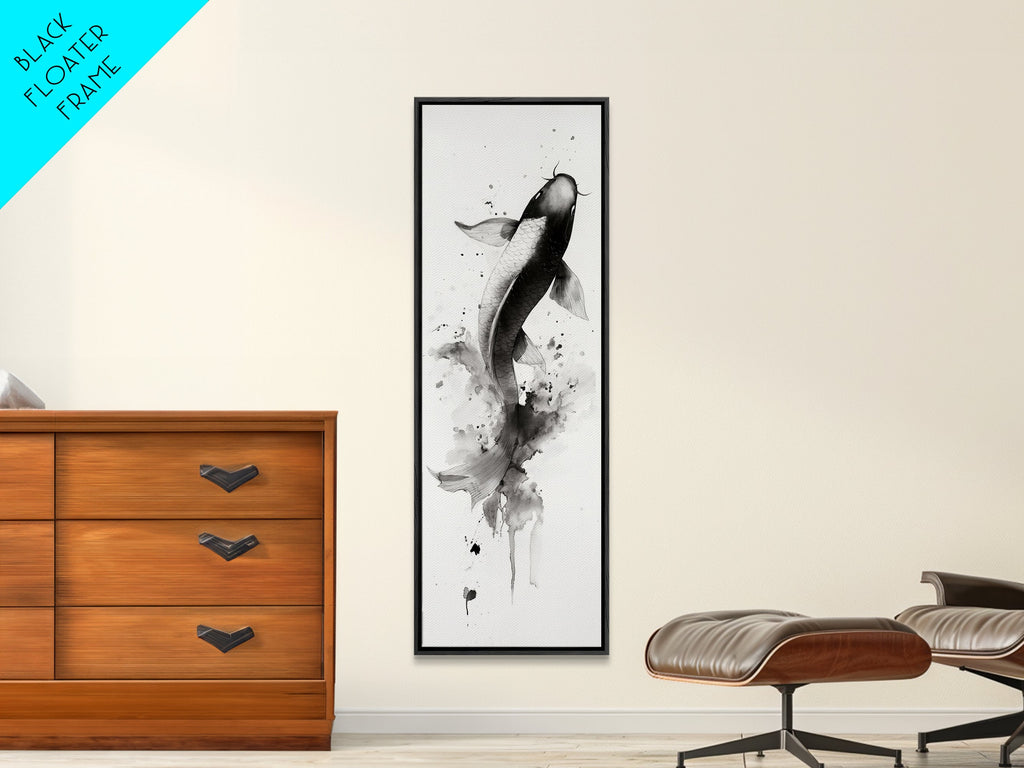 Tall Skinny Koi Fish Painting Print, Black and White Wabi Sabi Wall Art, Koi Fish Wall Decor, Japanese Style Elegant Artwork, Narrow Wall Art