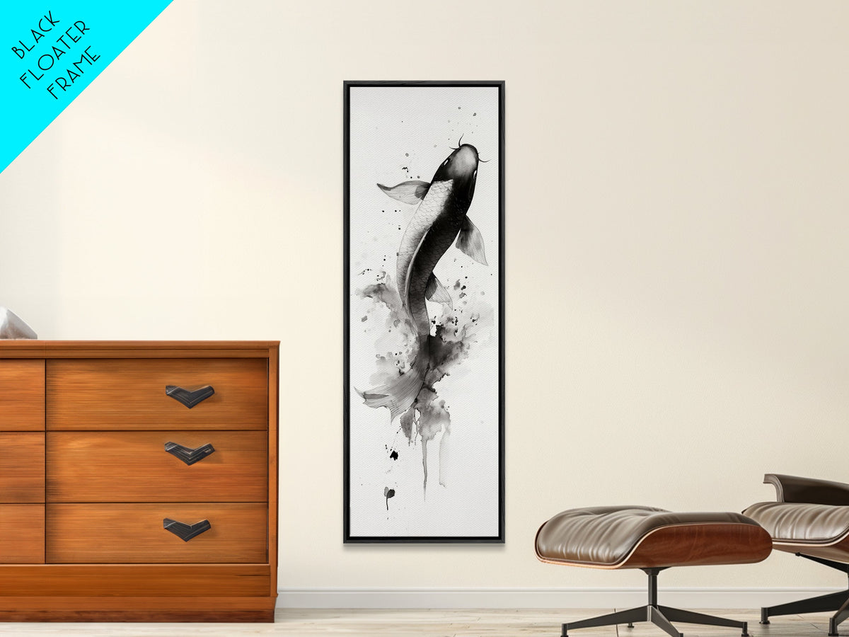 Tall Skinny Koi Fish Painting Print, Black and White Wabi Sabi Wall Art, Koi Fish Wall Decor, Japanese Style Elegant Artwork, Narrow Wall Art