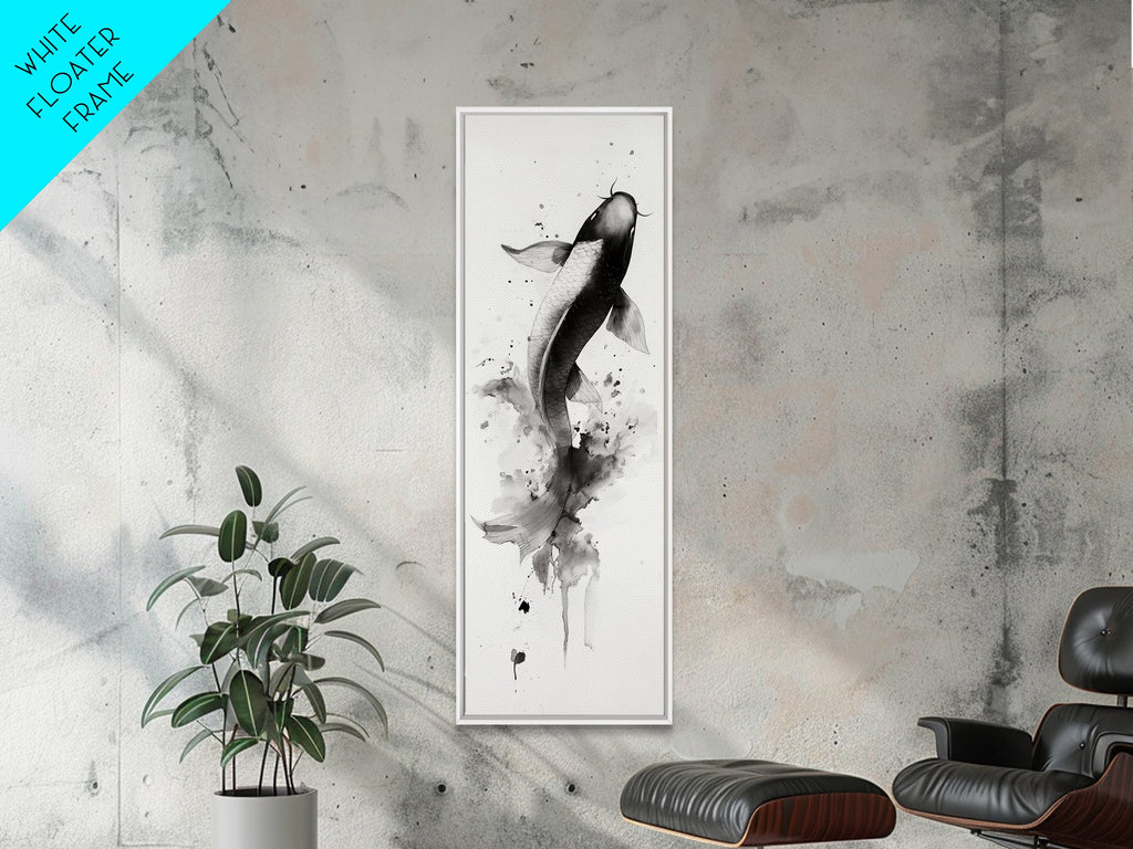 Tall Skinny Koi Fish Painting Print, Black and White Wabi Sabi Wall Art, Koi Fish Wall Decor, Japanese Style Elegant Artwork, Narrow Wall Art