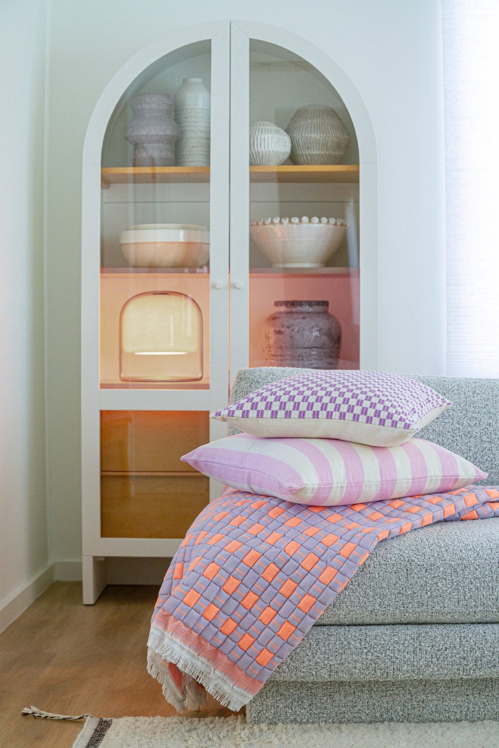 Backordered: Quilted Sujani Throw Blanket - Pastel Lilac and Neon Orange