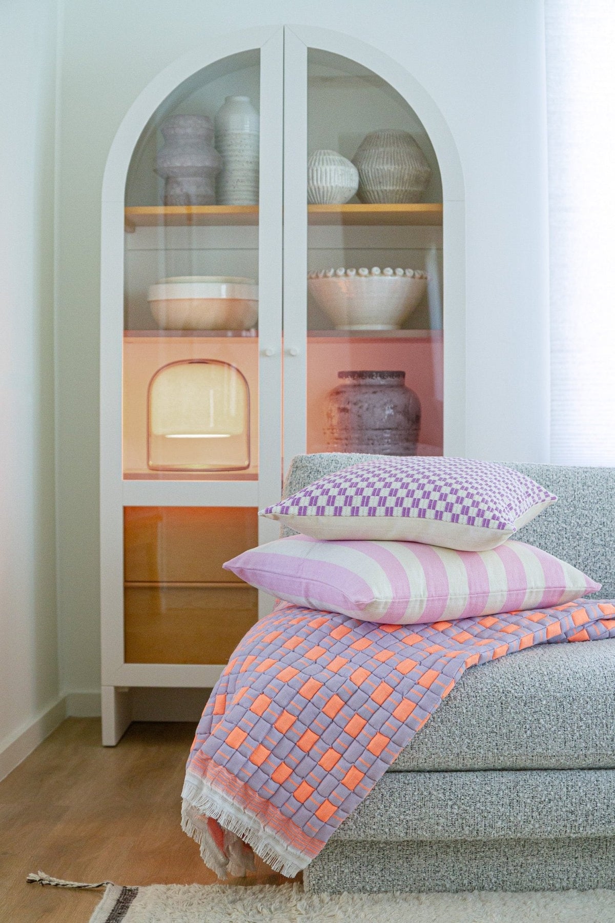 Backordered: Quilted Sujani Throw Blanket - Pastel Lilac and Neon Orange