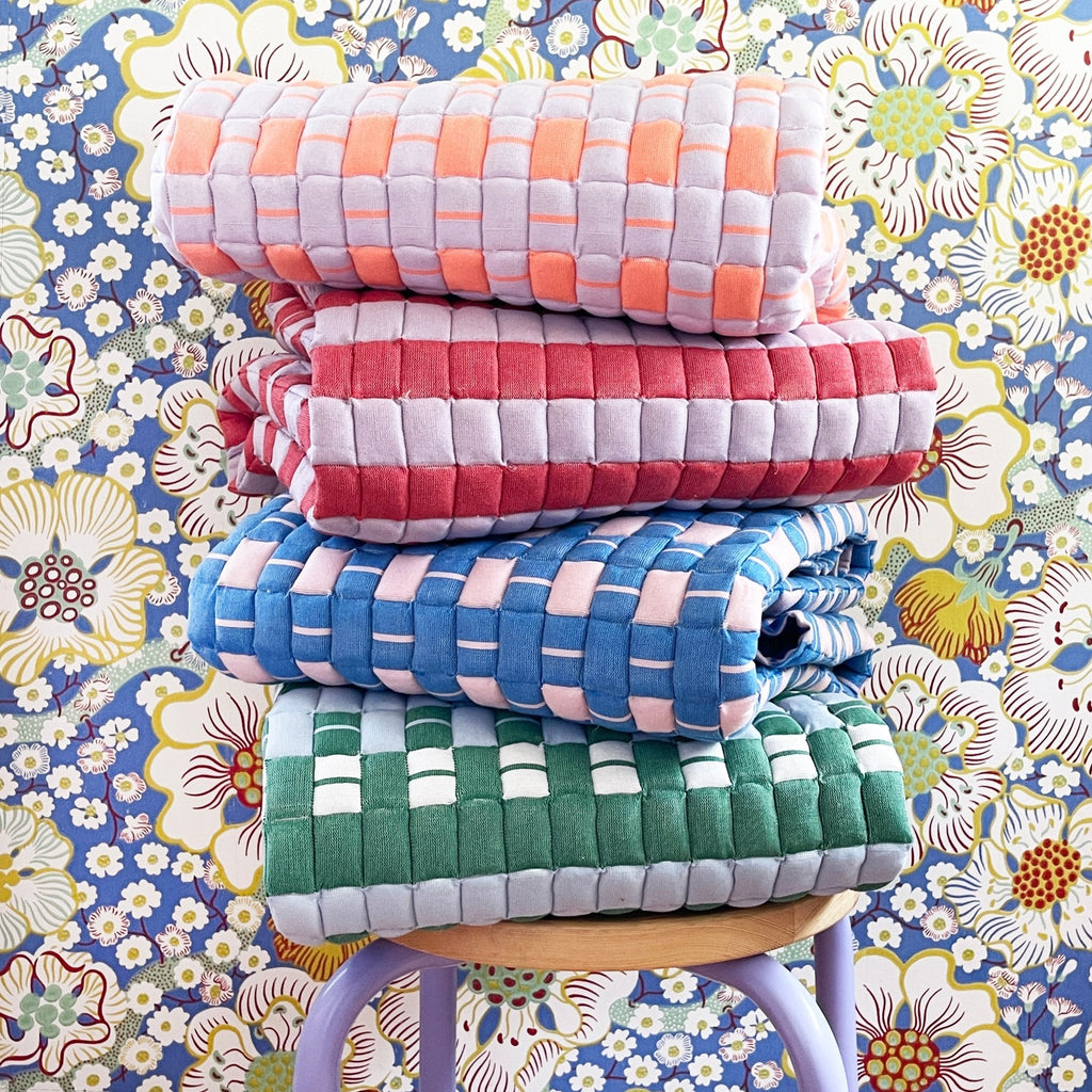 Backordered: Quilted Sujani Throw Blanket - Pastel Lilac and Neon Orange