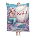 Personalized Mermaid Blanket with Name - Custom Purple Hair Mermaid and Clamshell Fleece Throw for Girls, Kids and Mermaid Lovers