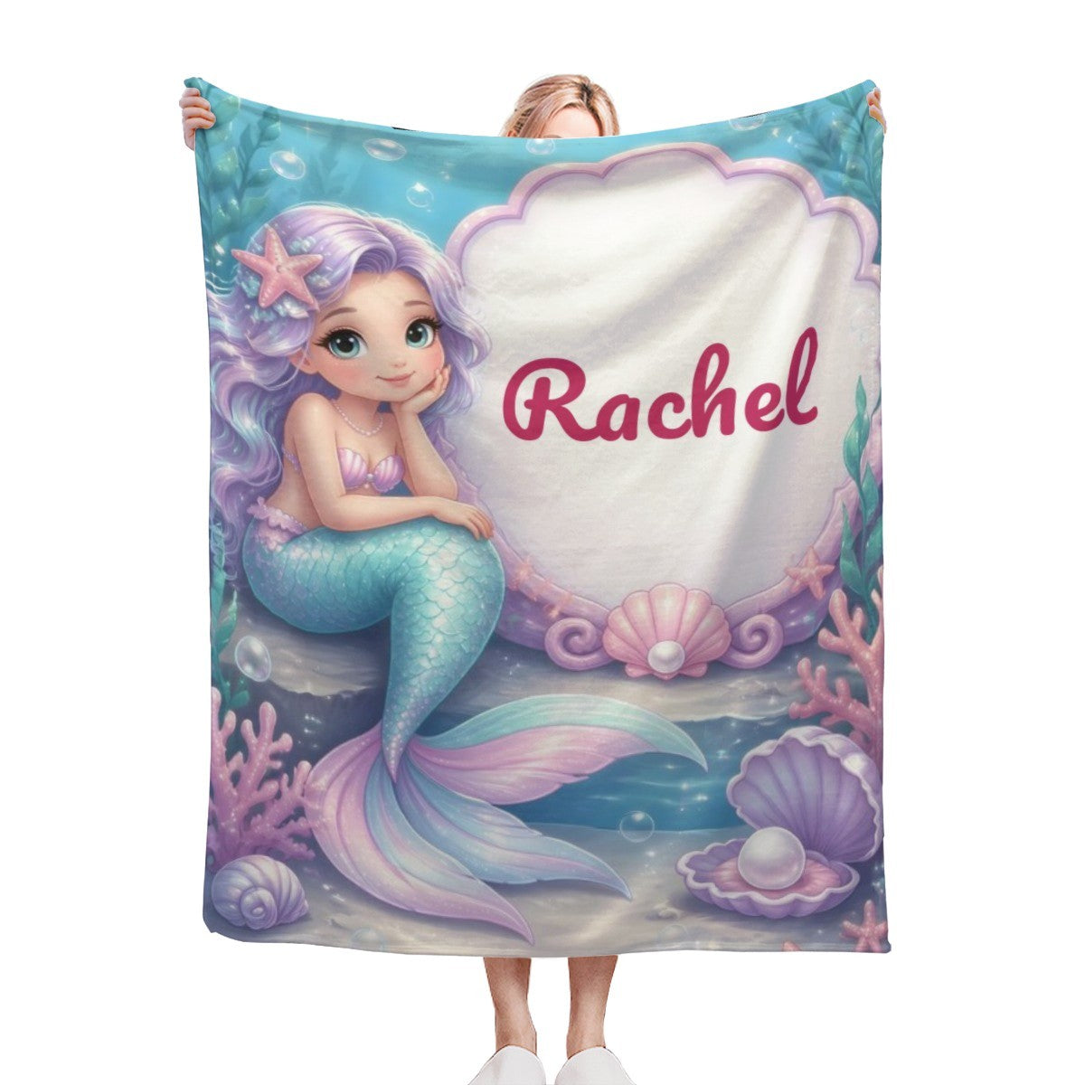 Personalized Mermaid Blanket with Name - Custom Purple Hair Mermaid and Clamshell Fleece Throw for Girls, Kids and Mermaid Lovers
