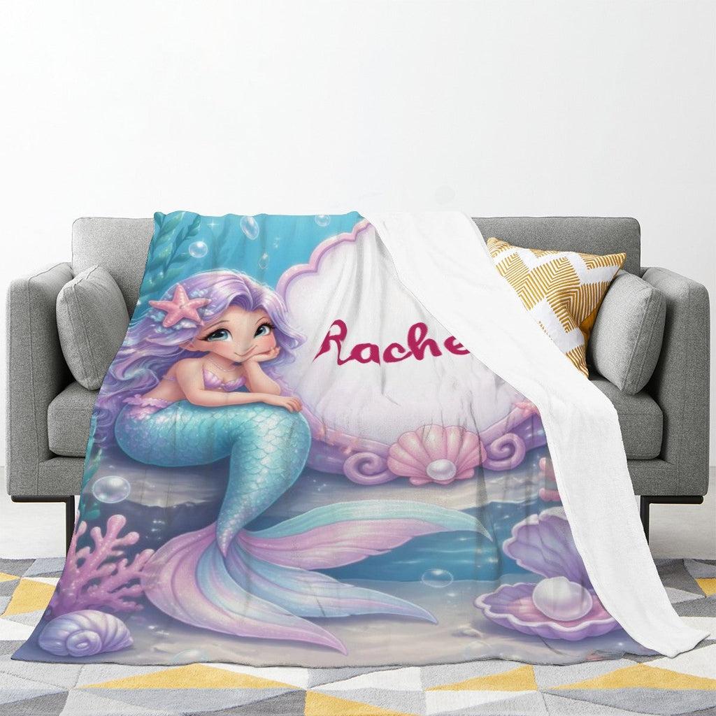 Personalized Mermaid Blanket with Name - Custom Purple Hair Mermaid and Clamshell Fleece Throw for Girls, Kids and Mermaid Lovers
