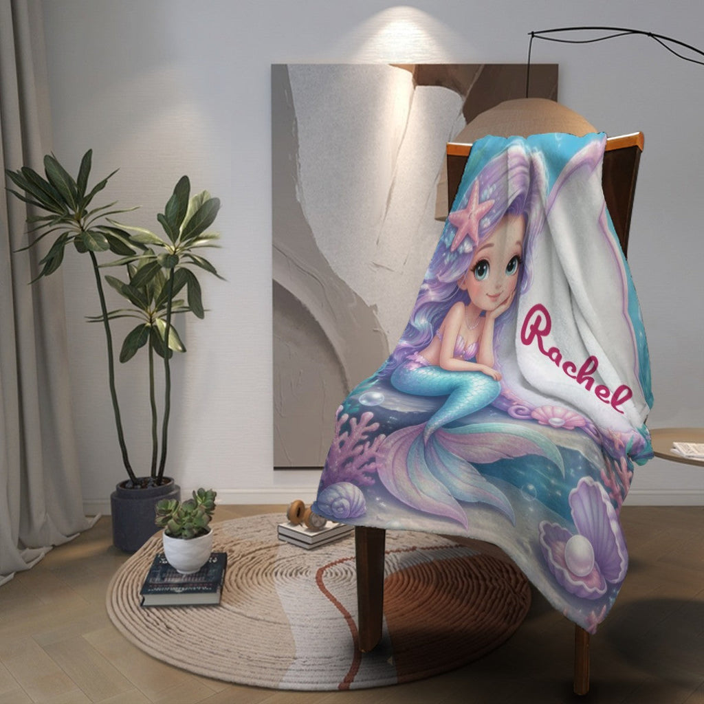 Personalized Mermaid Blanket with Name - Custom Purple Hair Mermaid and Clamshell Fleece Throw for Girls, Kids and Mermaid Lovers