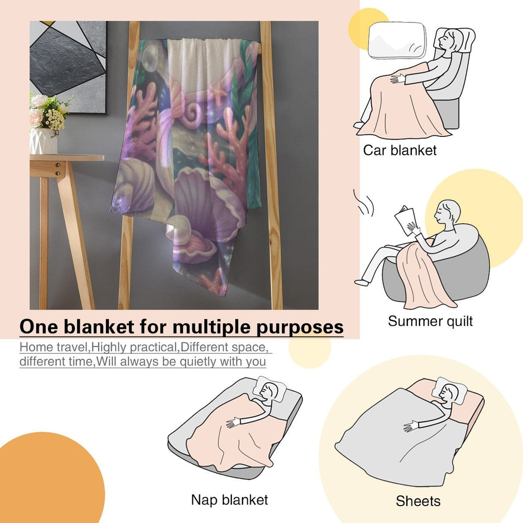 Personalized Mermaid Blanket with Name - Custom Purple Hair Mermaid and Clamshell Fleece Throw for Girls, Kids and Mermaid Lovers